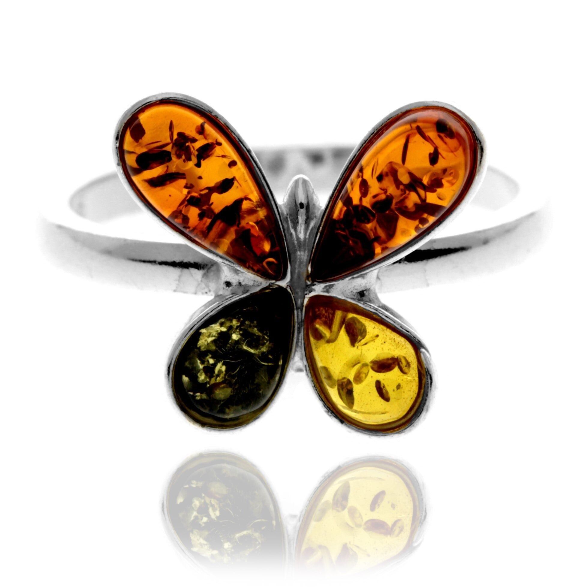 Anello a farfalla multipietra in argento sterling 925 e ambra baltica autentica - 7232