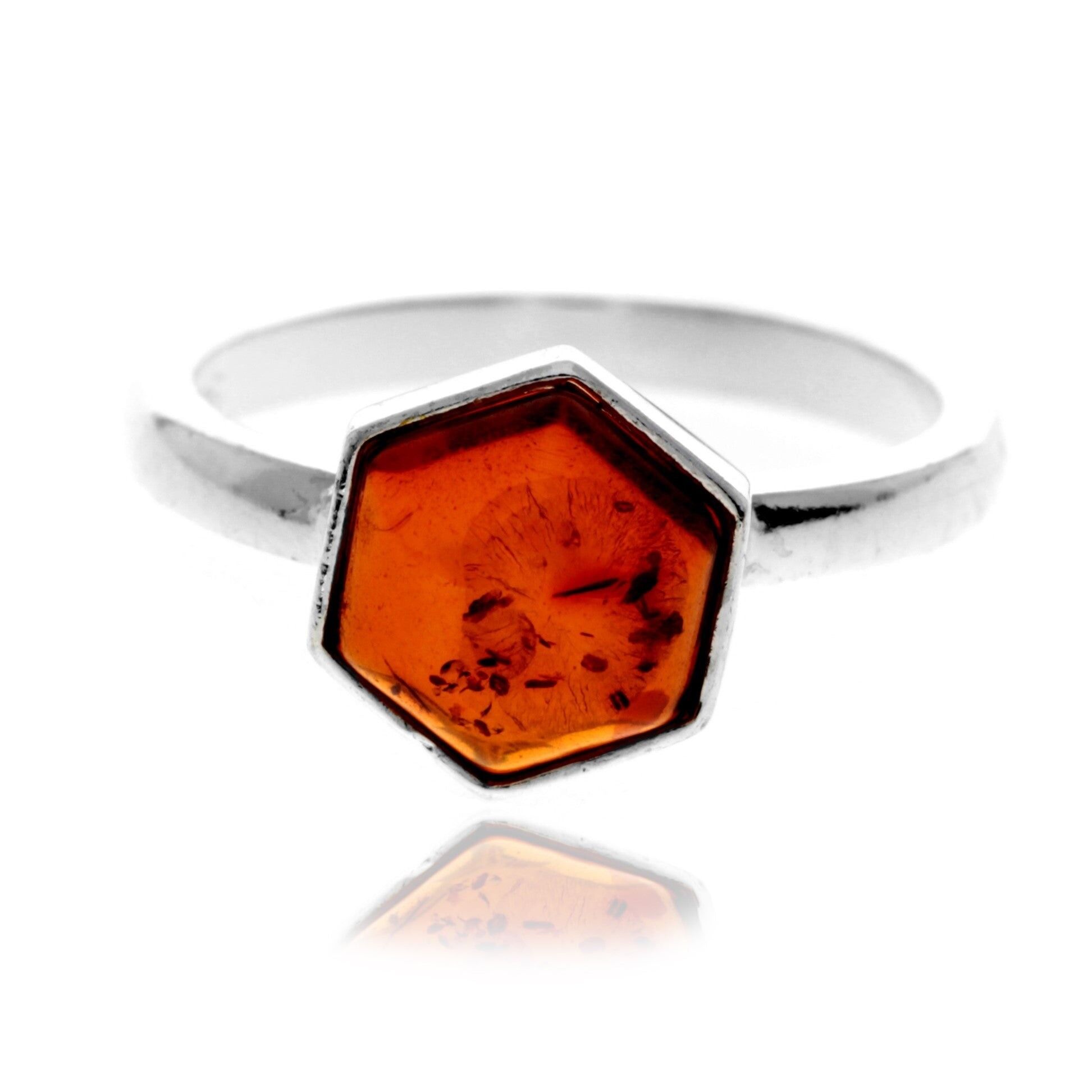 925 Sterling Silber & echter baltischer Bernstein Sechseck Klassischer Ring - 7031