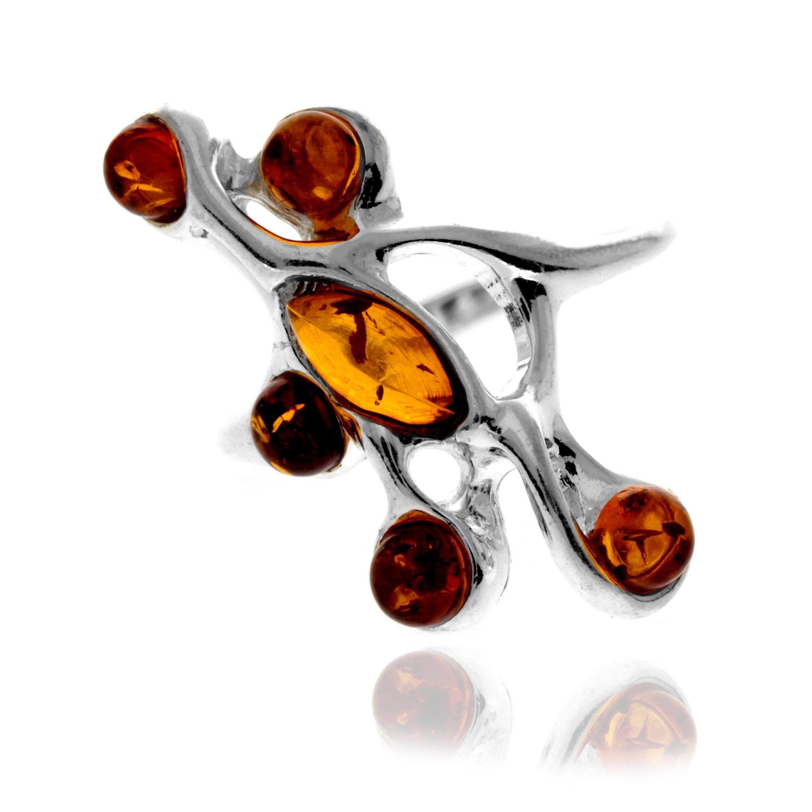 Moderner Ring aus 925er Sterlingsilber und echtem baltischen Bernstein mit mehreren Steinen – 7346