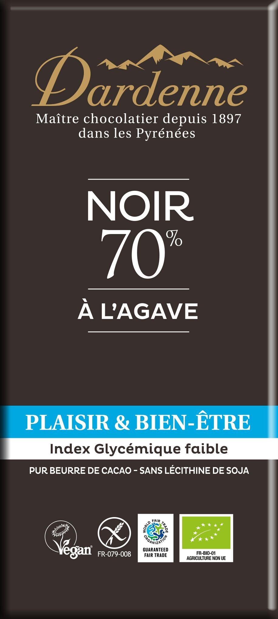 Tavoletta di Cioccolato Fondente 70% con Agave 80 g - NUOVO PESO