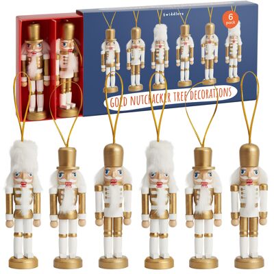 Lot de 6 décorations de Noël en bois doré en forme de soldat casse-noisette, 10 cm/4" - Décorations à suspendre pour sapin aux motifs de Noël traditionnels festifs avec pièces mobiles