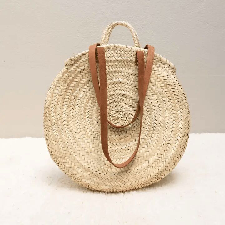 Cestino rotondo marocchino medio - Borsa tote in vimini con doppi manici in pelle