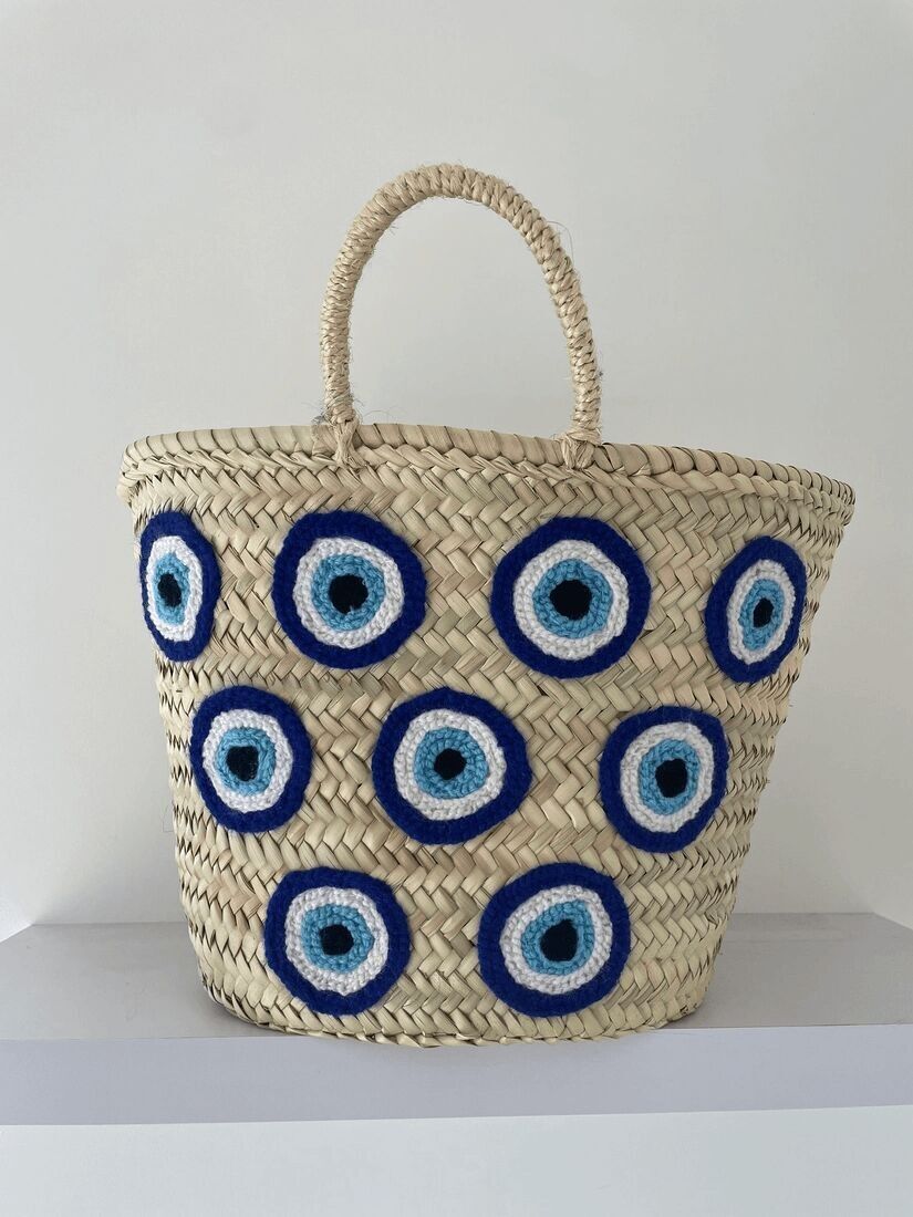 Grande cestino multiuso anti-malocchio - Borsa da spiaggia marocchina intrecciata a mano con molteplici ciondoli