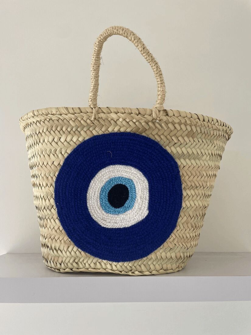 Cesta de playa grande con diseño de ojo malvado: bolso marroquí tejido a mano con amuleto protector