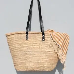 Panier à anses longues - Cabas marocain en feuilles de palmier tressées à la main avec anses en cuir