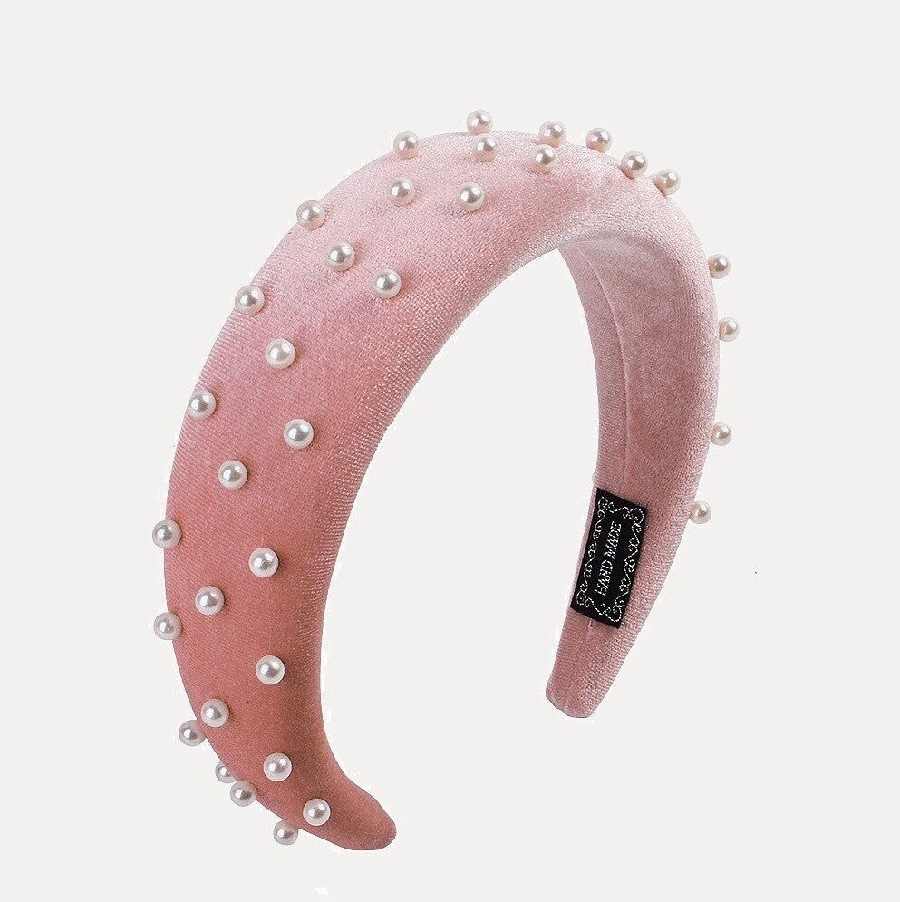 Fascia per capelli in velluto e perle - Rosa