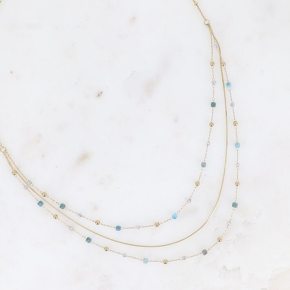 Collana - 3 file, maglia fine serpente, pietre naturali e ossidi di zirconio