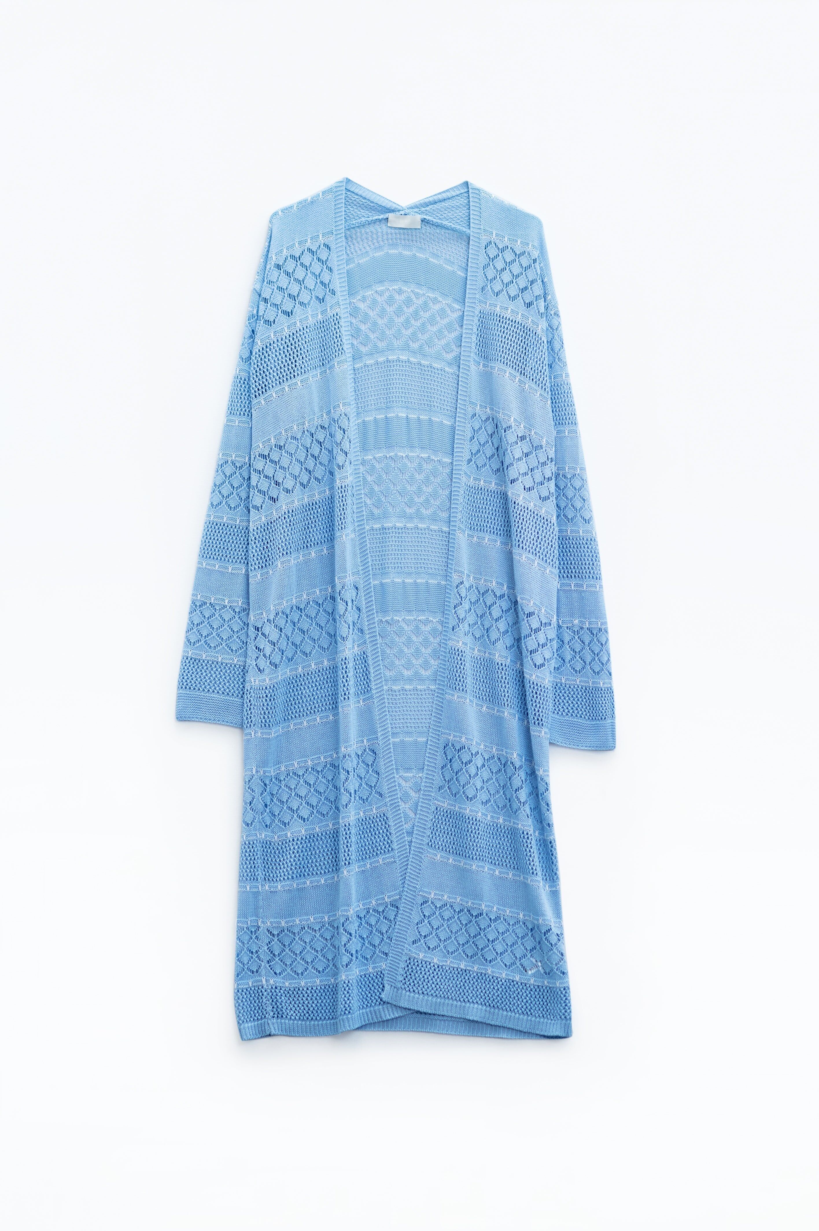 Maxi cardigan all'uncinetto azzurro con maniche lunghe