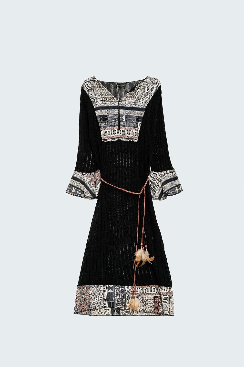 Rib Midi Dress With Tribal Print Accents and Belt