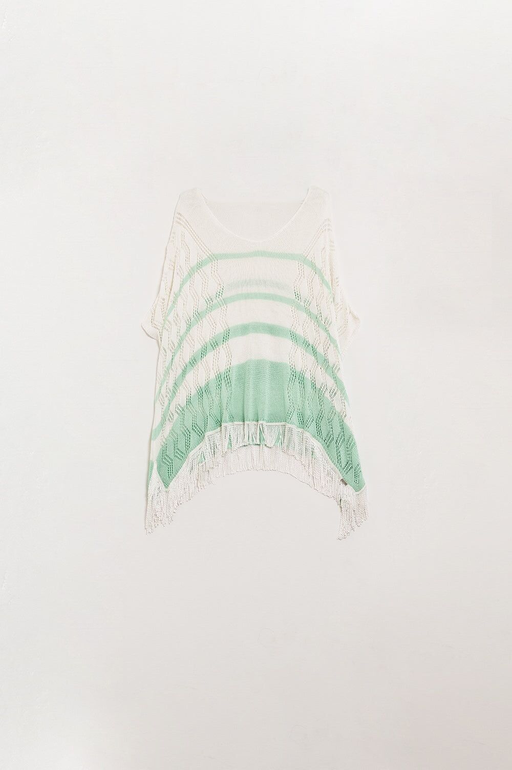 Thin White Striped Sweater With Fringe Edge