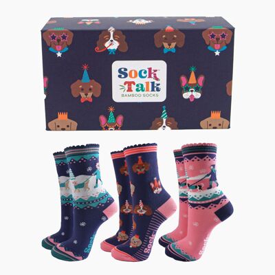 Confezione regalo di calzini in bambù da donna - Blu navy/Rosa, Winter Dogs