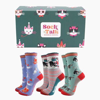 Coffret cadeau de chaussettes en bambou pour femmes - Vert/bleu, chats festifs