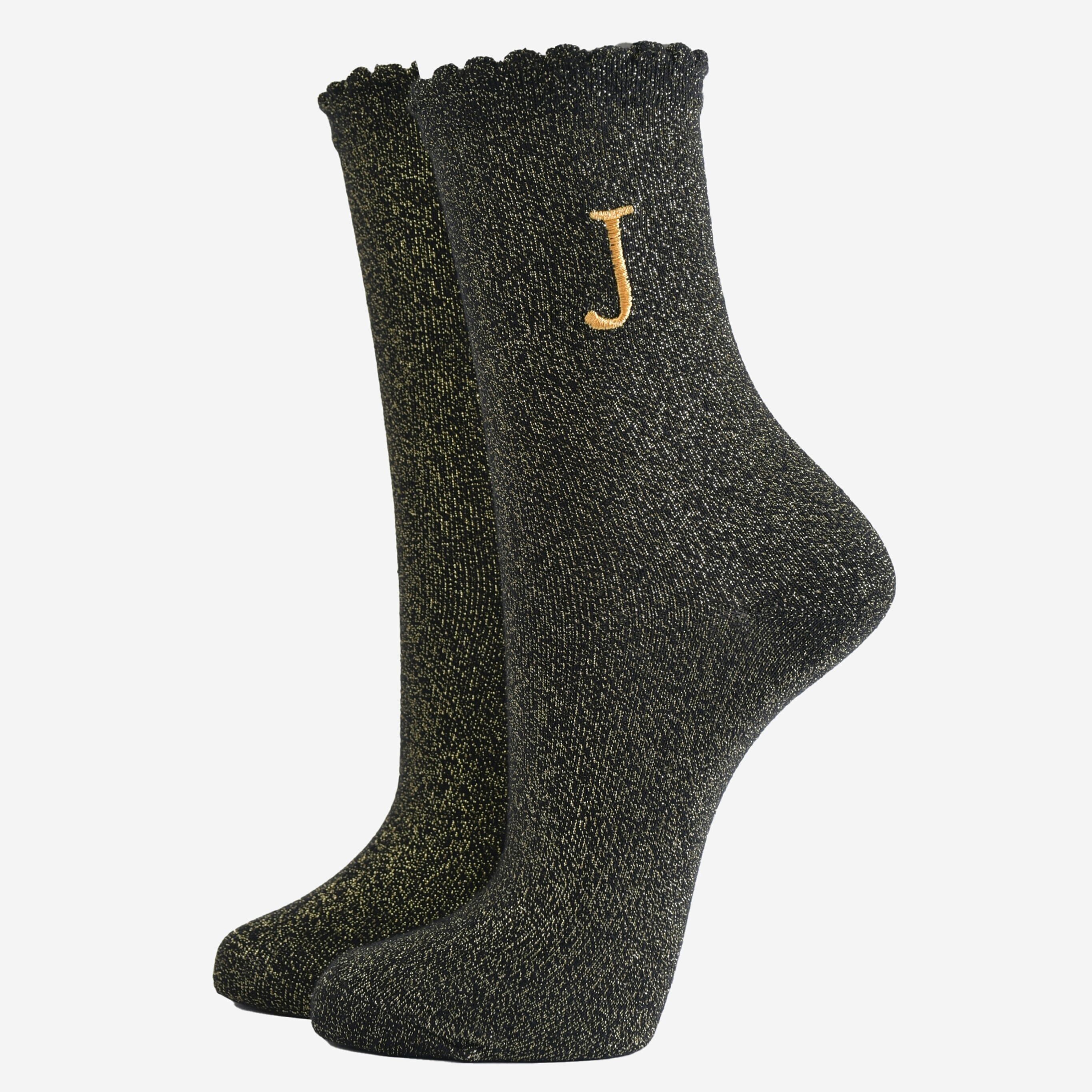 Glitzersocken für Damen - Schwarz/Gold, Anfangsbuchstabe „J“