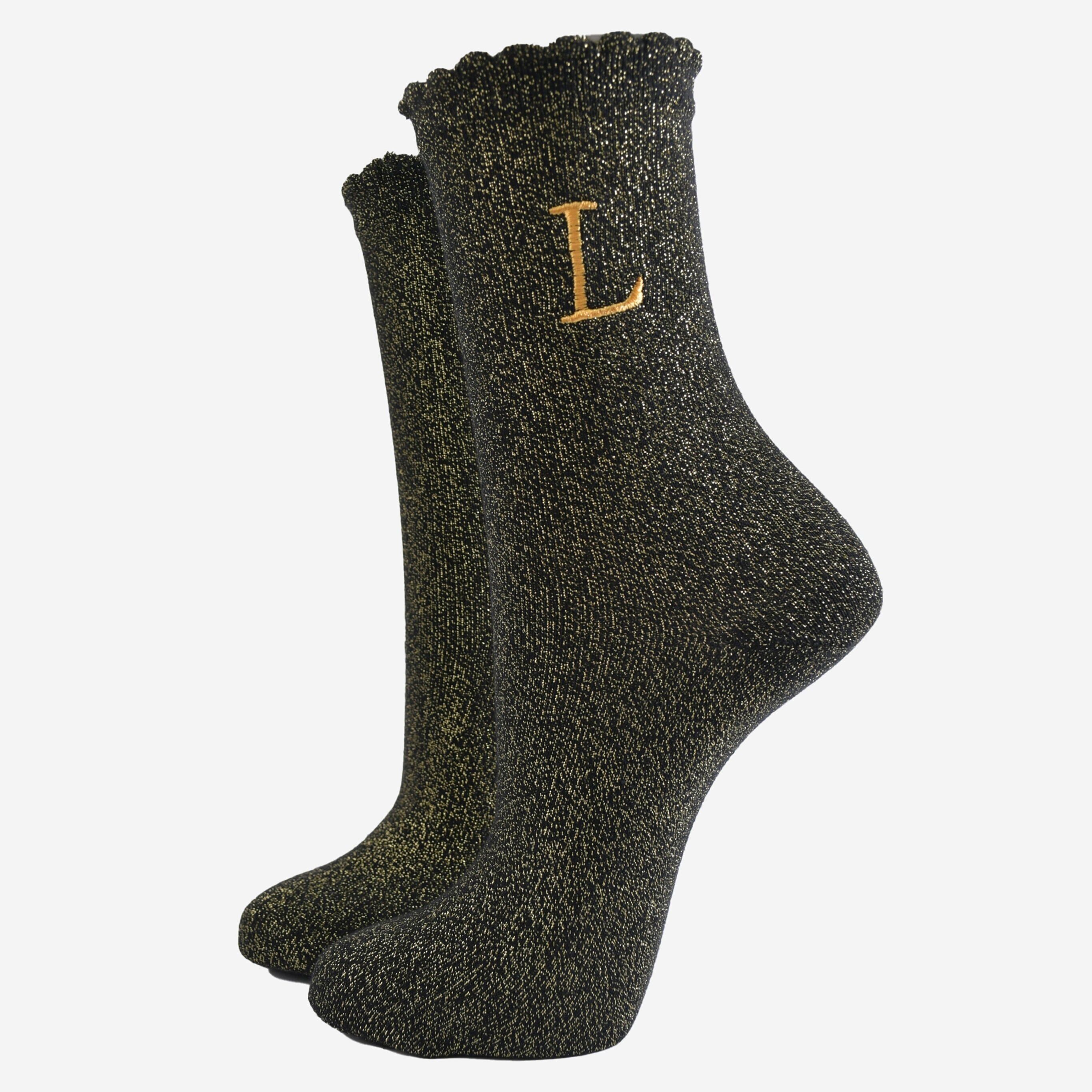 Glitzersocken für Damen - Schwarz/Gold, Anfangsbuchstabe „L“