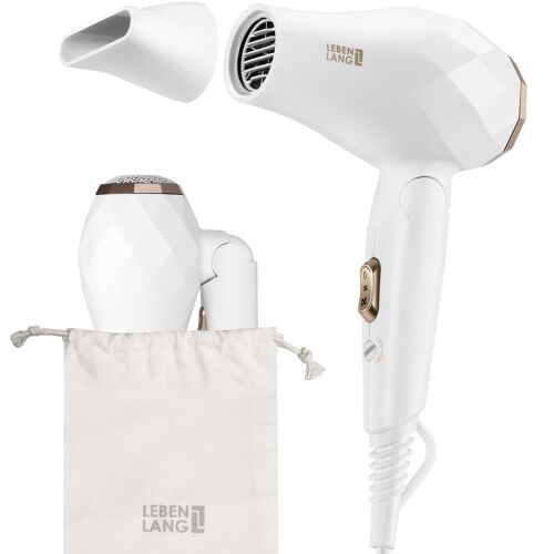 LEBENLANG Reisefön klappbar klein - Duale Spannung & Inkl. Reisetasche mit Stylingdüse I Reise Föhn klein stark & Föhn leise I Haartrockner klein Travel Hair Dryer Reise Fön klein Haarföhn Haarfön