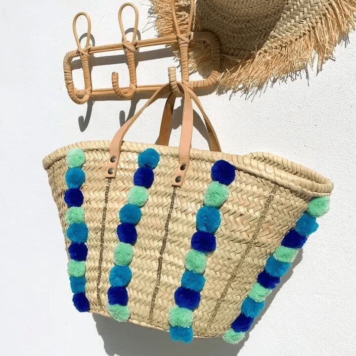 Panier de plage Miami Blue Straw - Cabas tissé à la main avec pompons et anses en cuir