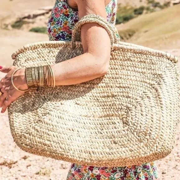 Cesta grande de mimbre con asas largas - Bolso de mano de hoja de palma tejido a mano