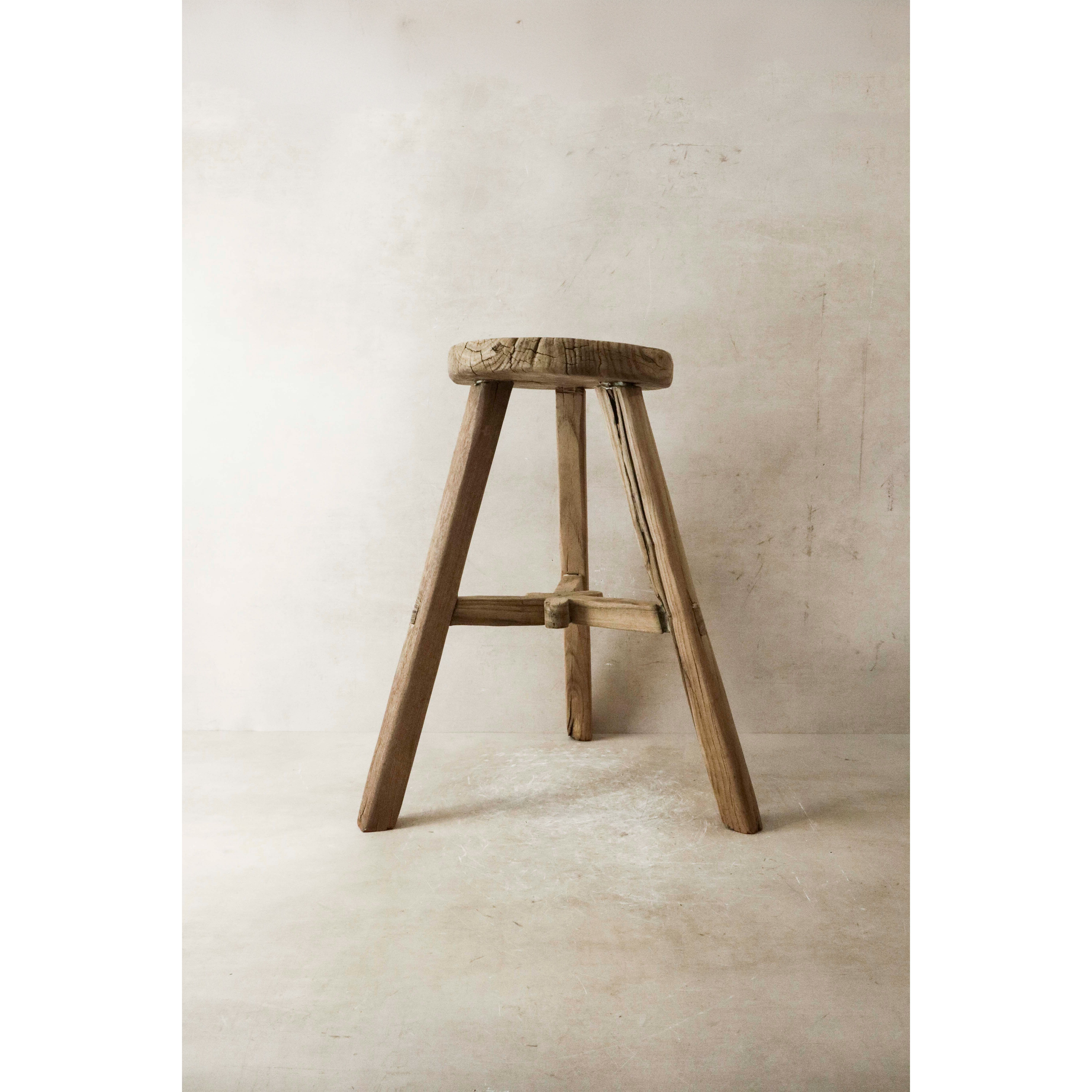 Tabouret rustique vintage en bois d'orme - Rond - N° 21