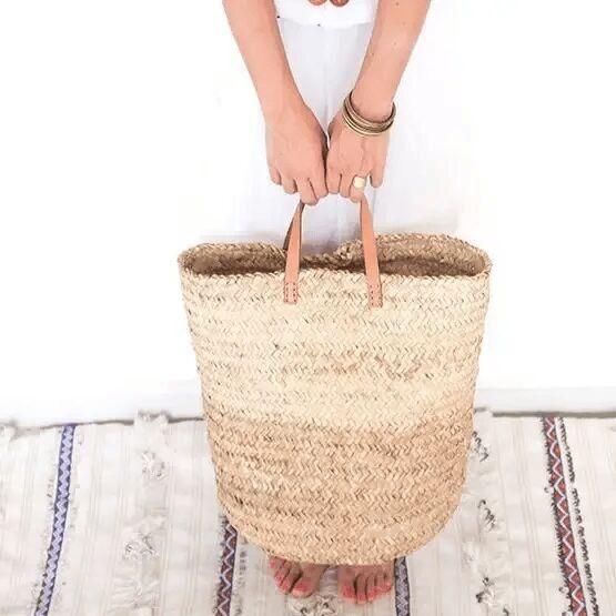 Sac cabas en osier avec anses en cuir - Panier de marché en feuilles de palmier tressées à la main