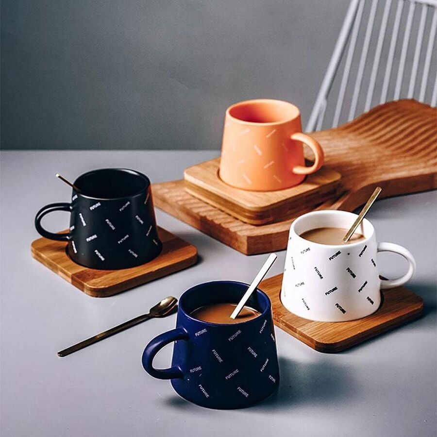 "FUTURE" ceramic mug with bamboo saucer and spoon in 4 colors. Dimension: 8x7x7cm Capacity: 200ml LM-603