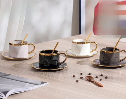 Ceramic mug with saucer and spoon in 4 colors. LM-616