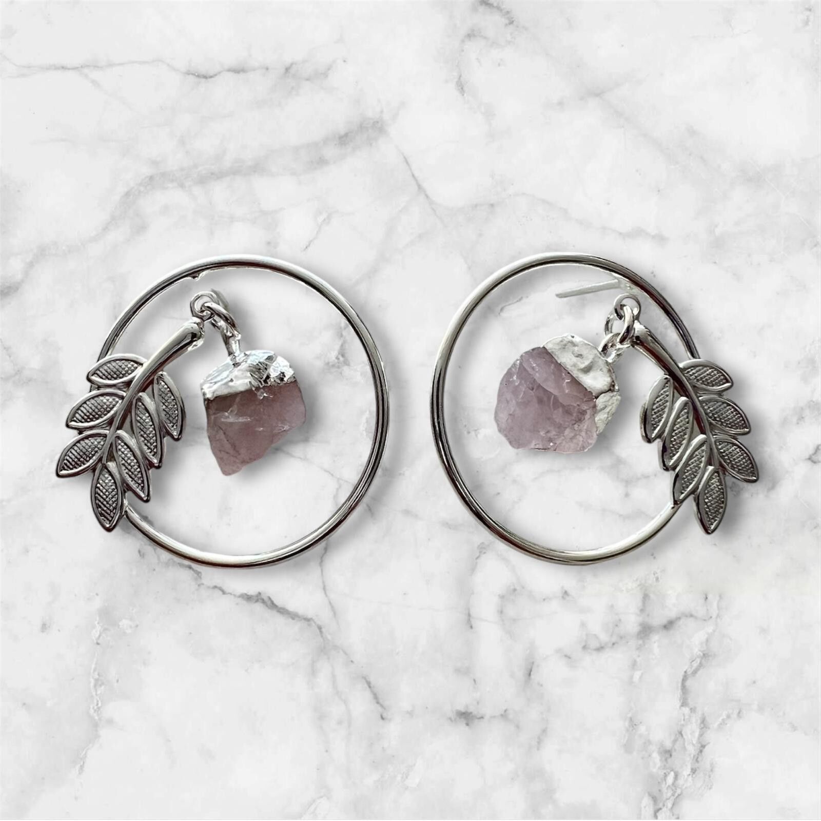 Pendientes de Cristal con diseño de hojas - Cuarzo Rosa Plateado