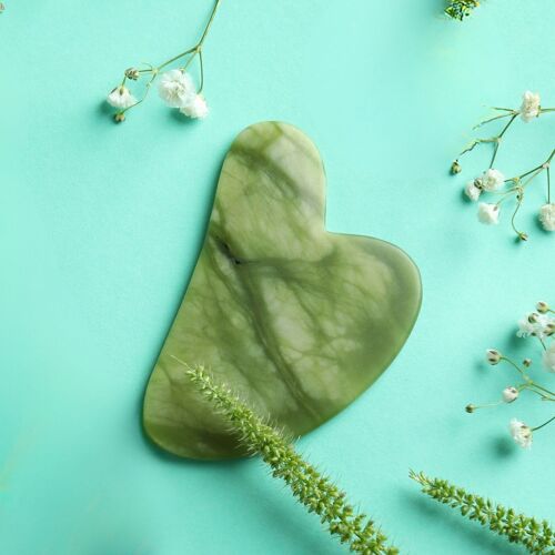 Gua Sha Jade Vert – Masseur Visage en Pierres Naturelles – Accessoires Soin Visage - Lifting - Anti Rides Ridules – Housse en Coton Fournie