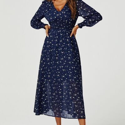 Abito lungo a maniche lunghe con stelle argentate in blu navy