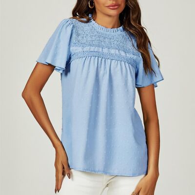 Lace Detail Short Sleeve Blouse Top In Blue