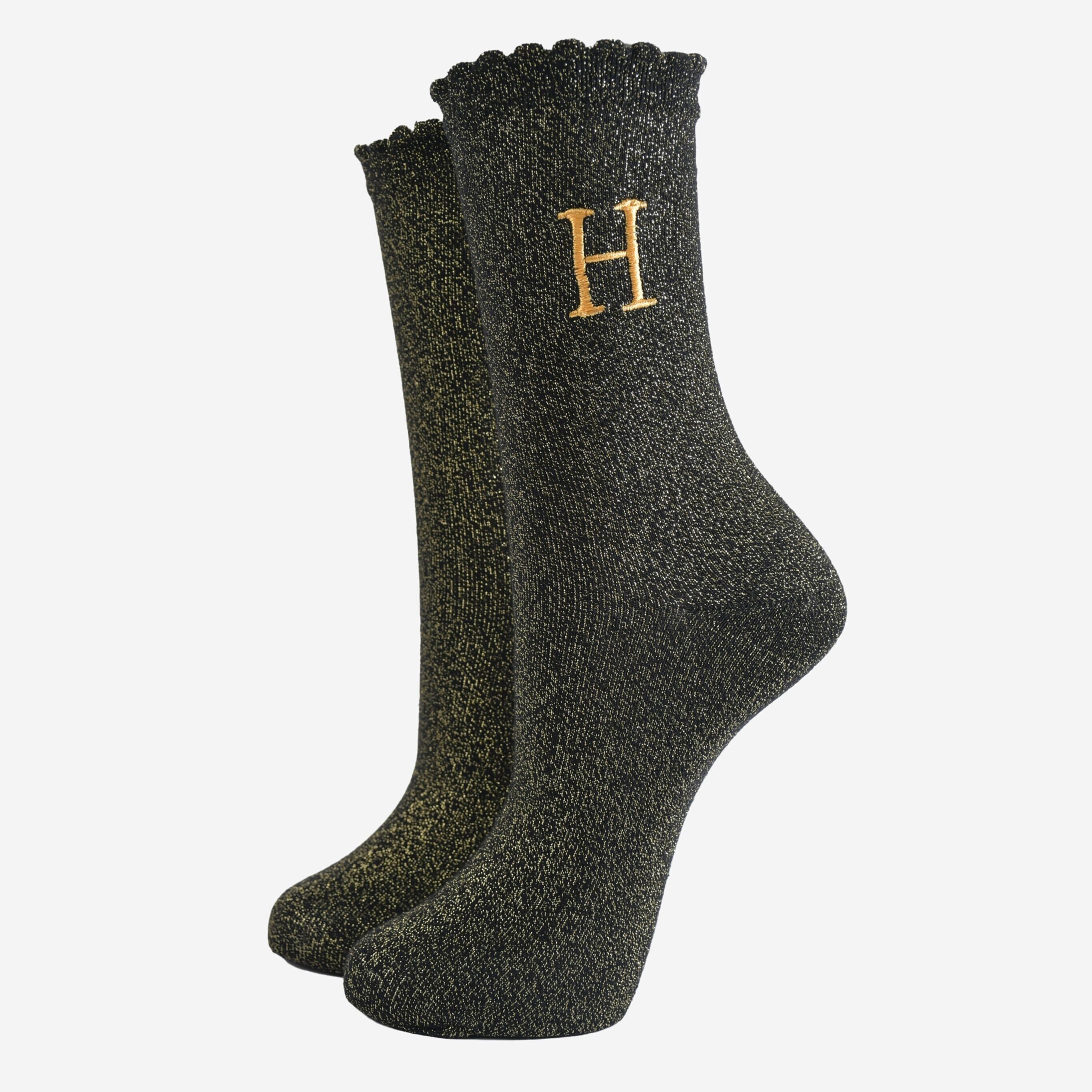 Glitzersocken für Damen - Schwarz/Gold, Anfangsbuchstabe „H“