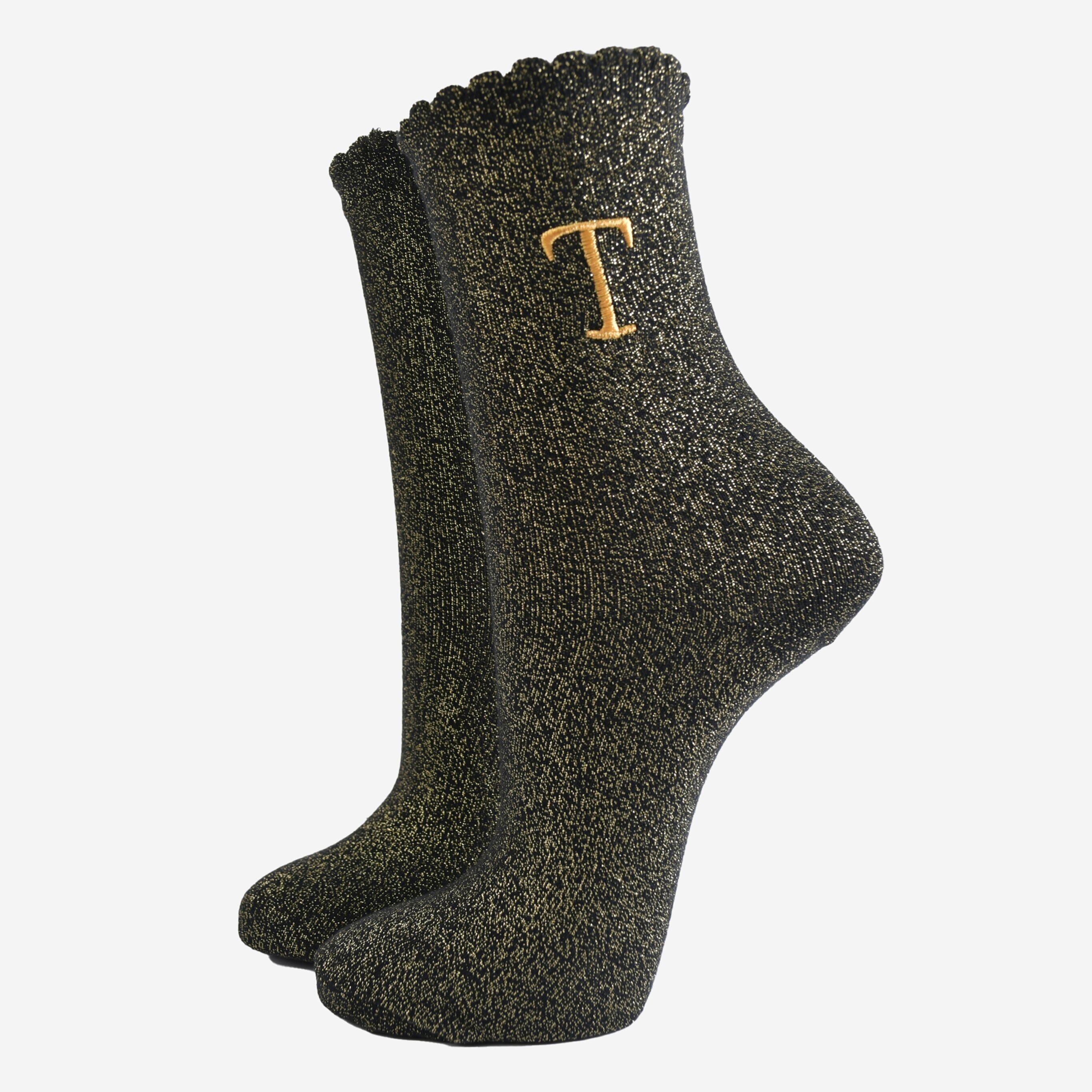 Glitzersocken für Damen - Schwarz/Gold, Anfangsbuchstabe „T“