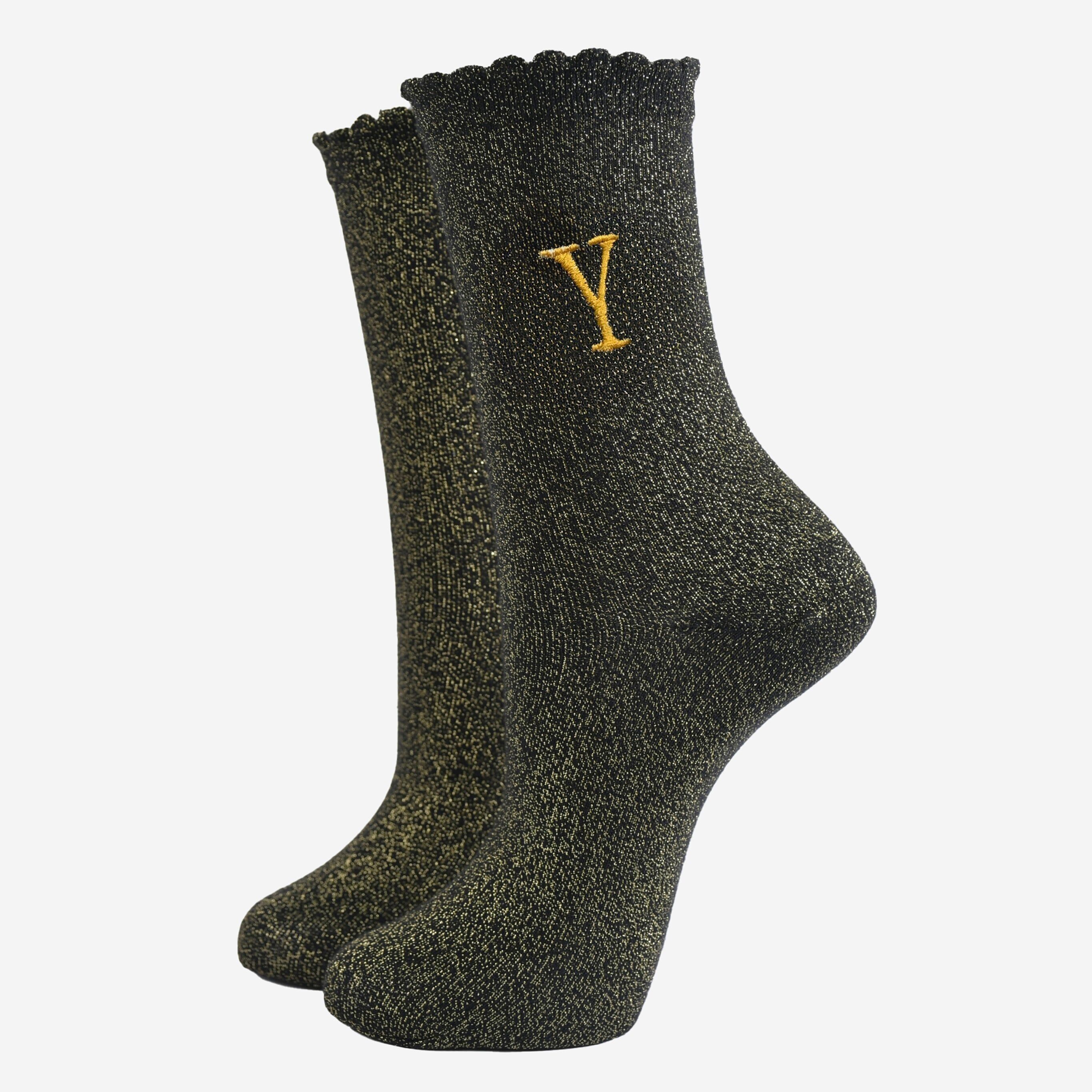 Glitzersocken für Damen - Schwarz/Gold, Anfangsbuchstabe „Y“