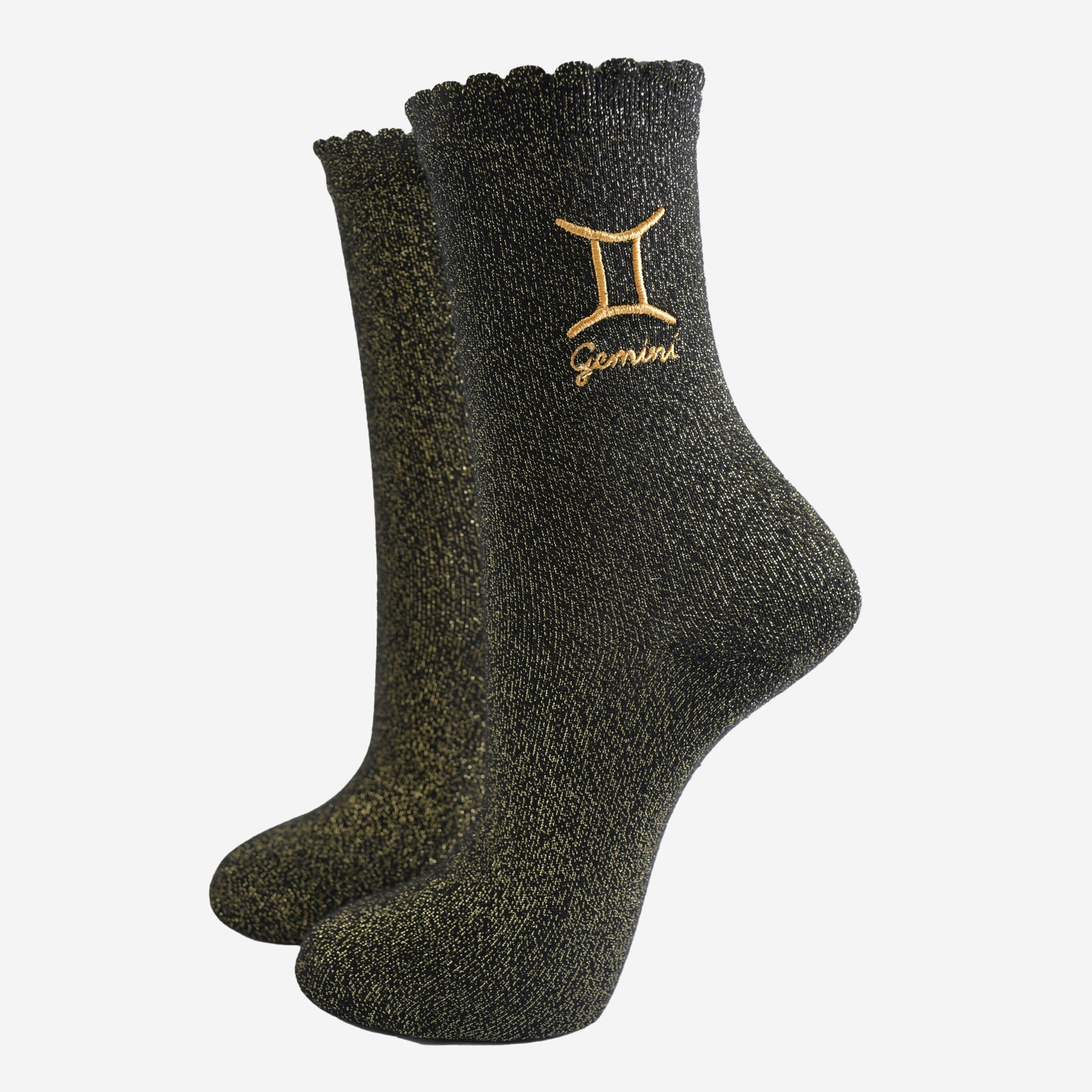 Glitzersocken für Damen - Schwarz/Gold, Sternzeichen Zwillinge