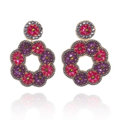 Boucles d'oreilles grandes fleurs roses et violettes pour femme