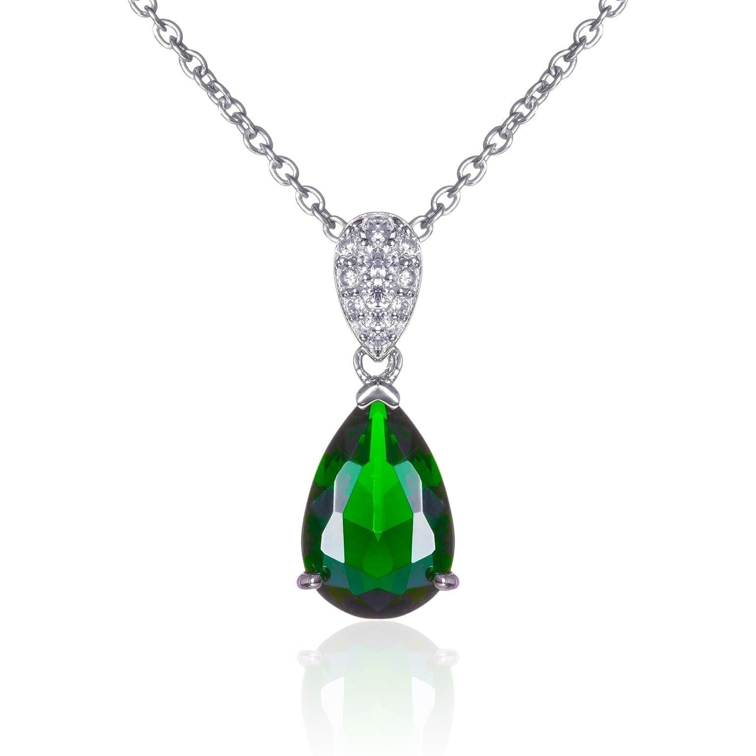 Sterling Silver Green Teardrop Pendant Necklace For Women
