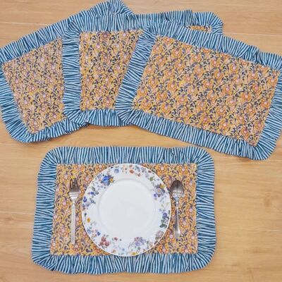 Upcycled Quilted Block print Placemat with Frills Assorted