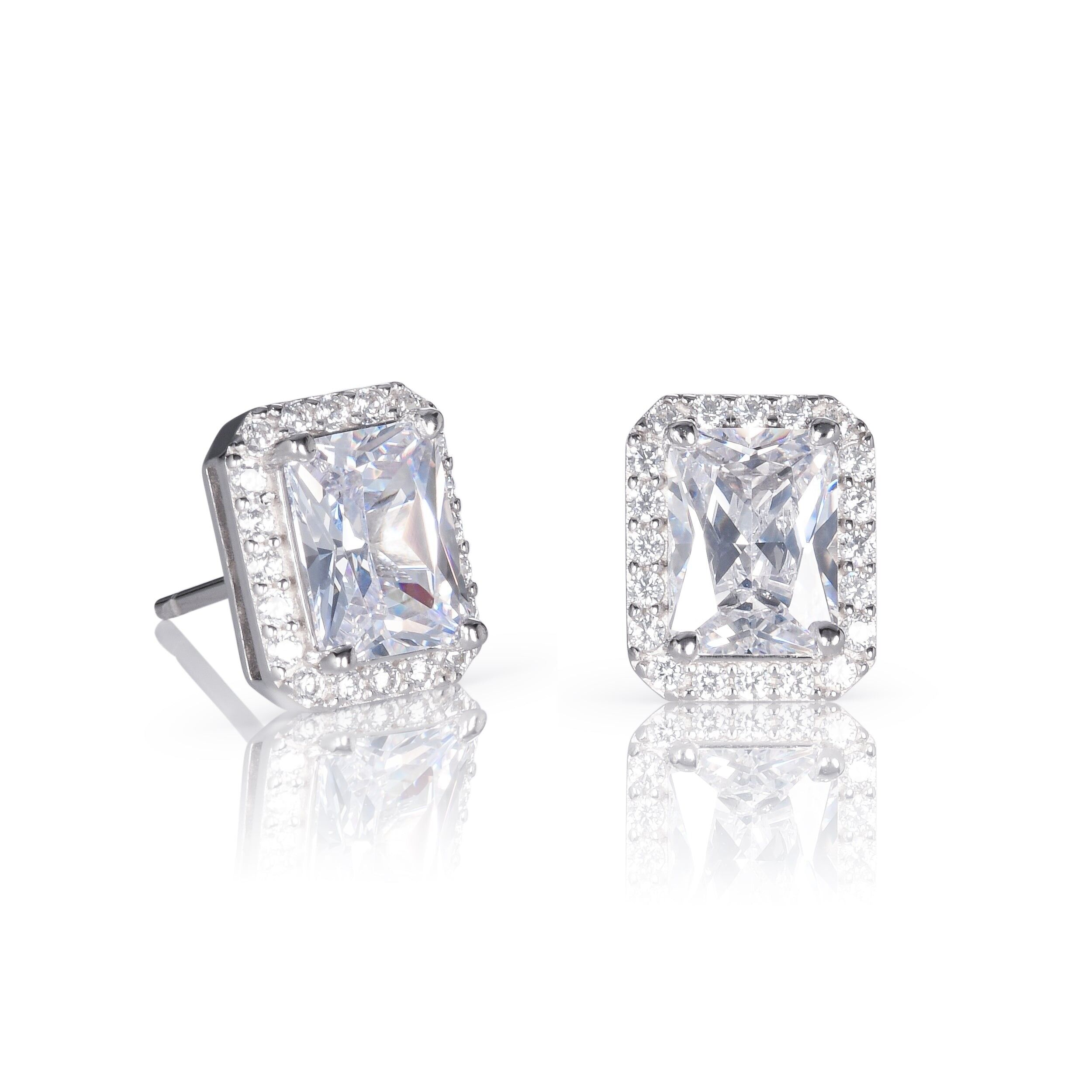 Orecchini a bottone con alone bianco taglio smeraldo in argento sterling 925 per donna