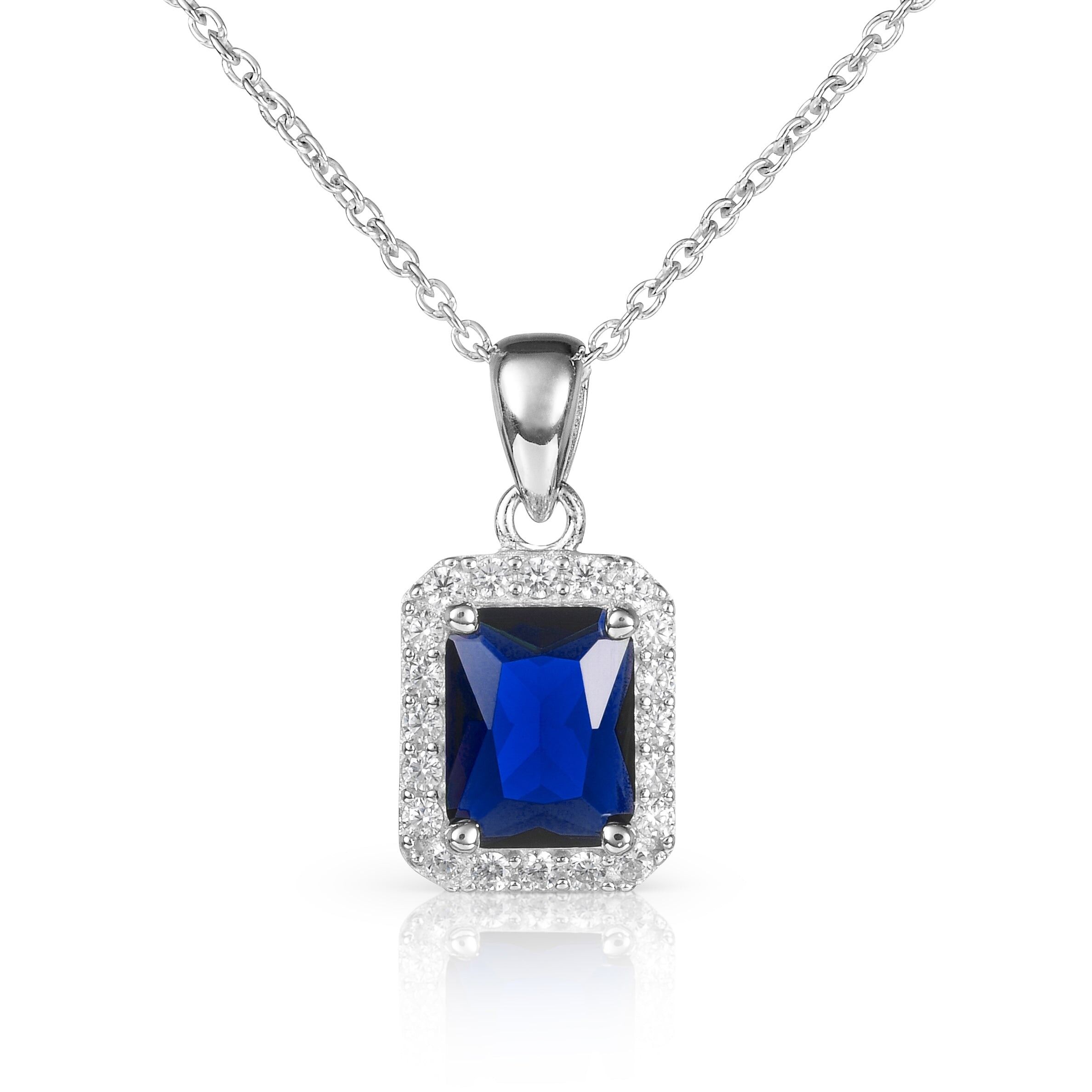 Collana con ciondolo Halo blu taglio smeraldo in argento sterling 925 per donna