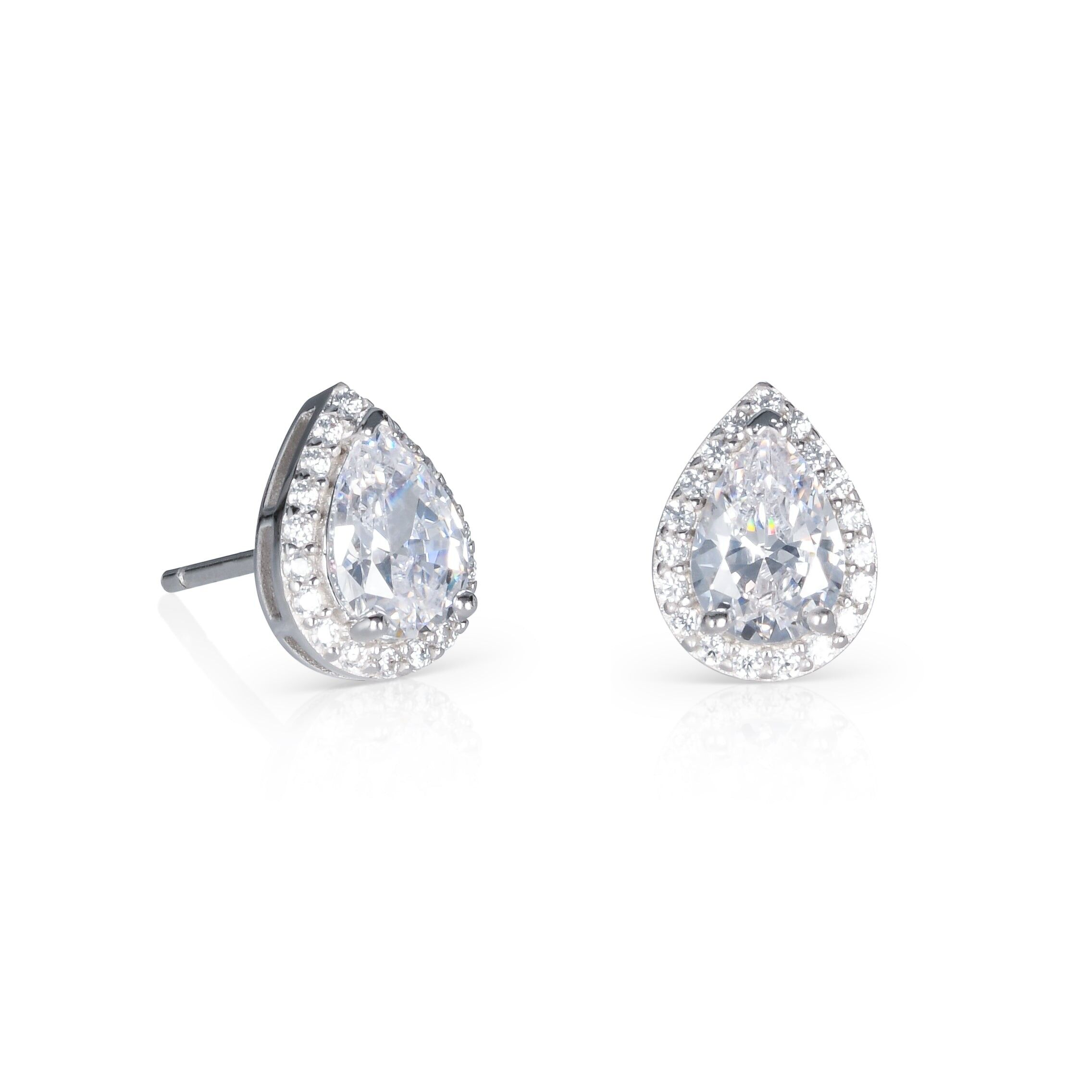 925 Sterling Silver Pear Shaped White Halo Stud Earrings For Women