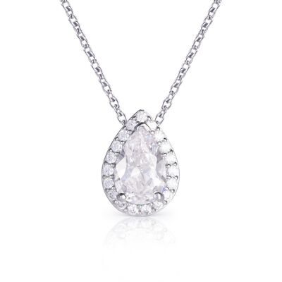 925 Sterling Silver Pear Drop White Halo Pendant Necklace for Women