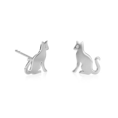 Pendientes pequeños con forma de gato bonito de plata de ley 925 para mujer