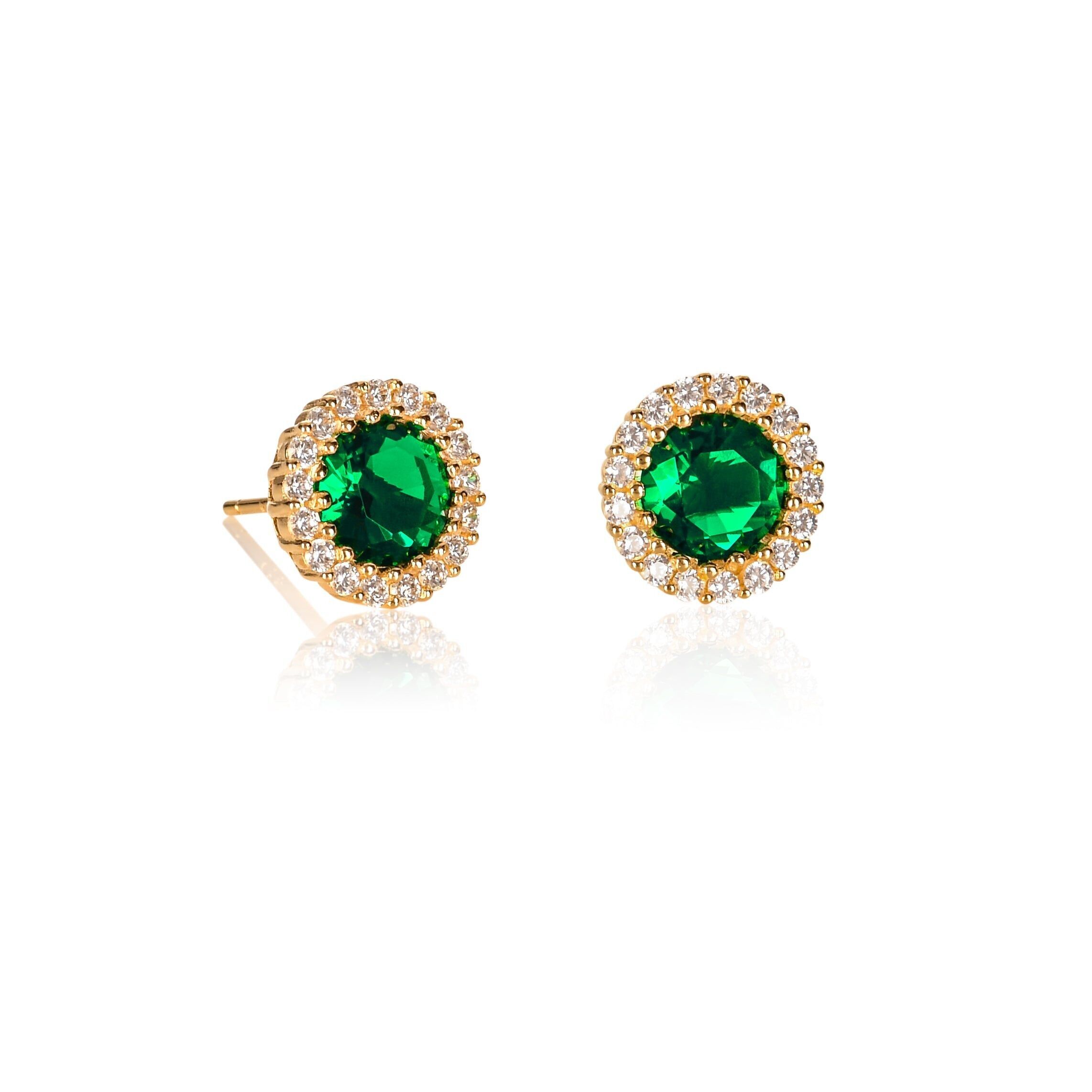 Orecchini a bottone rotondi con alone verde in argento sterling 925 placcati in oro per donna