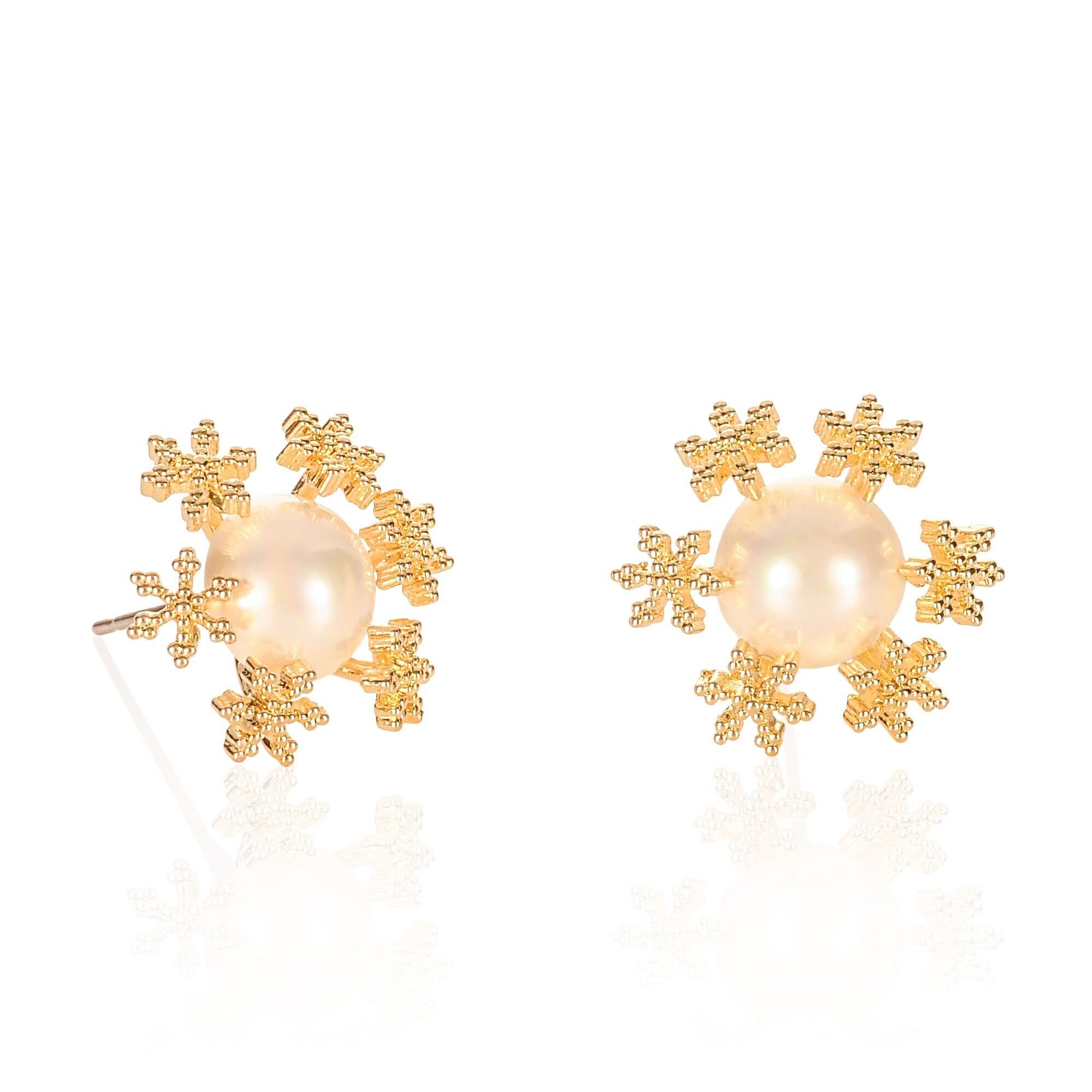 Orecchini a bottone con perle grandi in oro con motivo a fiocco di neve per donna