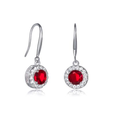 Boucles d'oreilles pendantes rondes en argent avec halo rouge et pierres en zircone cubique pour femmes