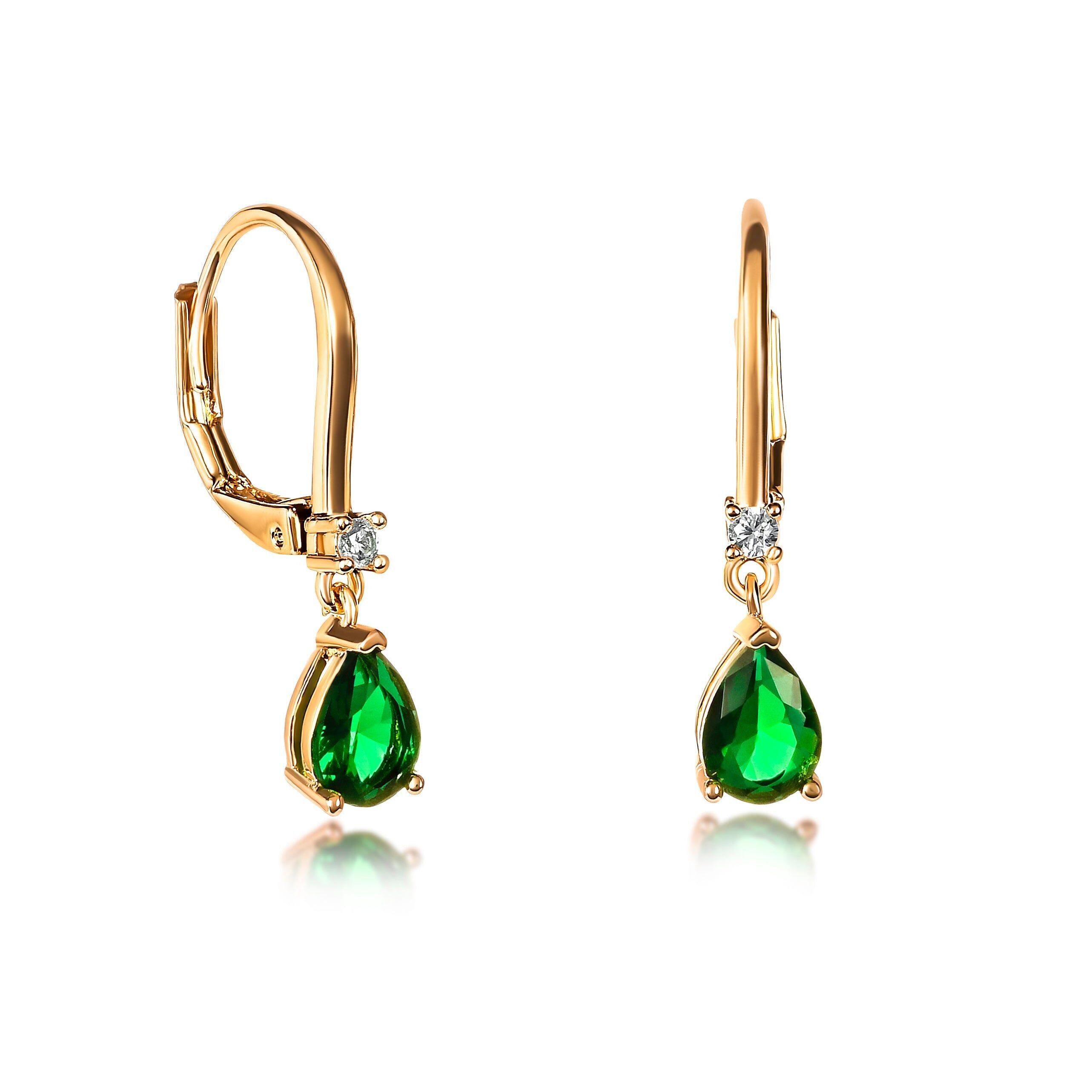 Gold Plated Small Pear Shaped Green Cubic Zirconia Leverback Drop Earrings For Women