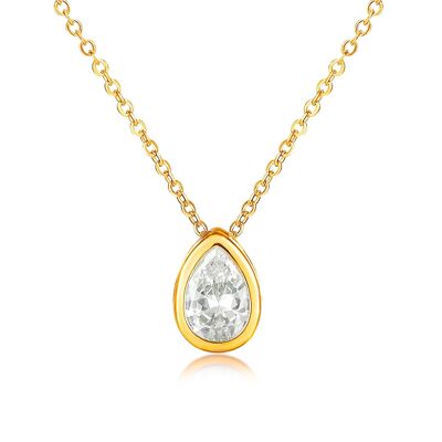 Gold Plated Pear Shaped Pendant Necklace with Clear Cubic Zirconia Stone for Women
