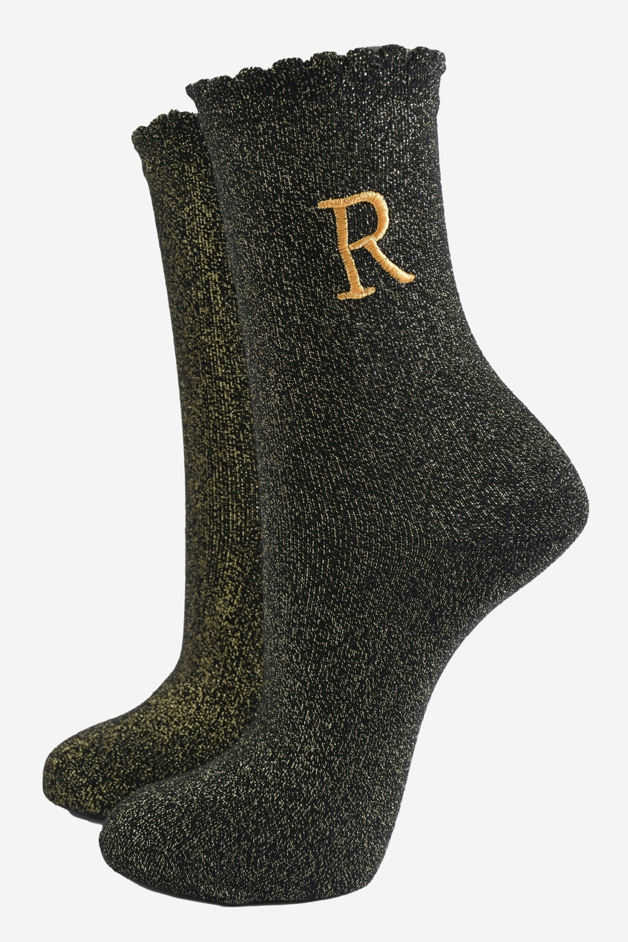 Glitzersocken für Damen - Schwarz/Gold, Anfangsbuchstabe „R“