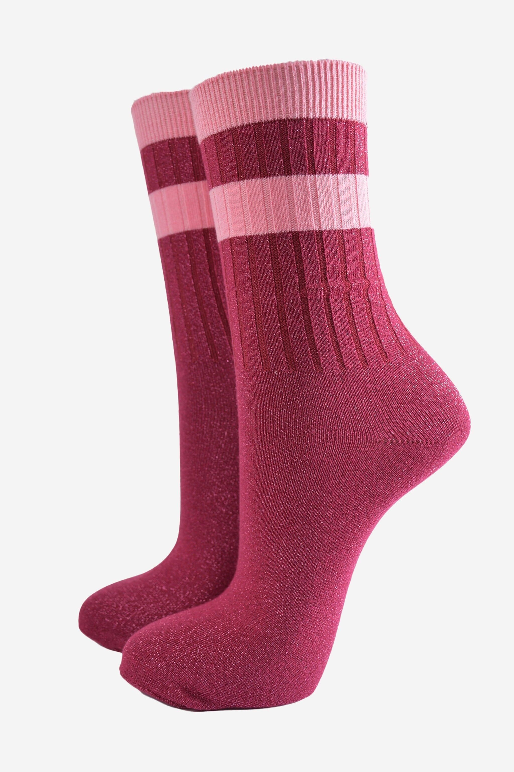 Glitzersocken für Damen - Beere/Pink, Streifenbündchen