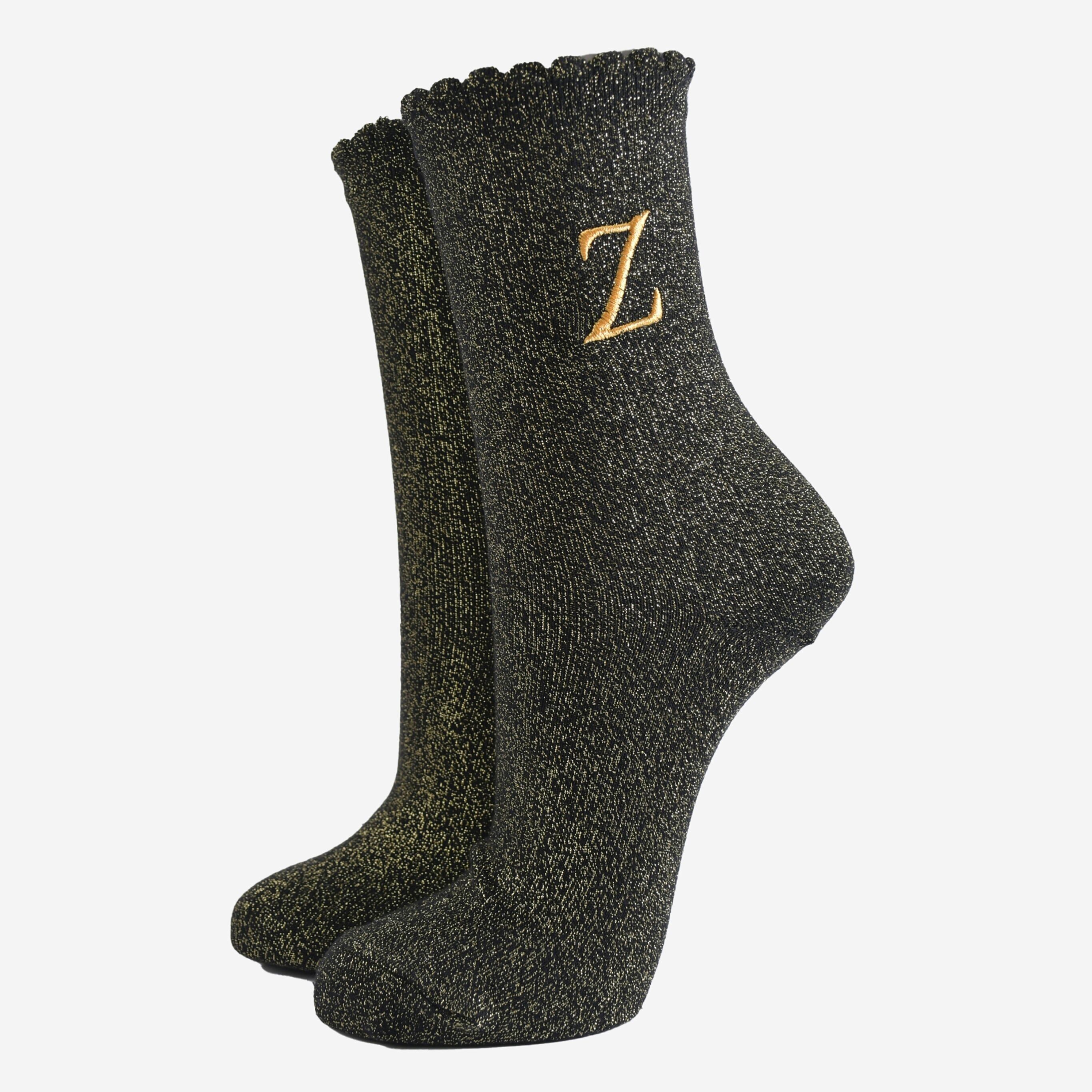Glitzersocken für Damen - Schwarz/Gold, Anfangsbuchstabe „Z“