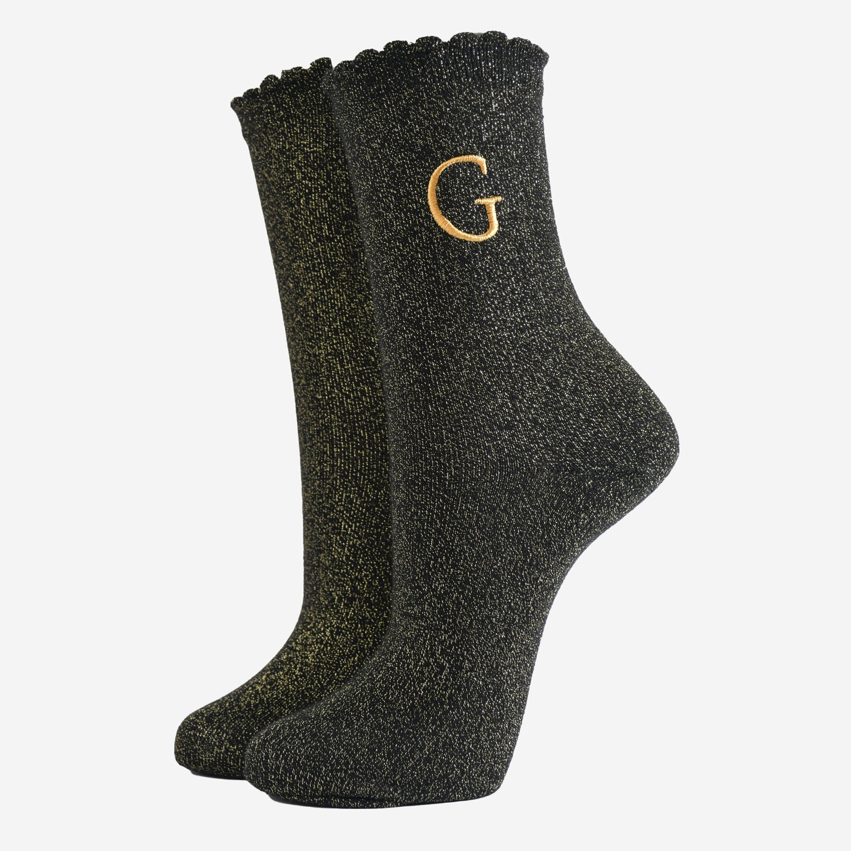 Glitzersocken für Damen - Schwarz/Gold, Anfangsbuchstabe „G“